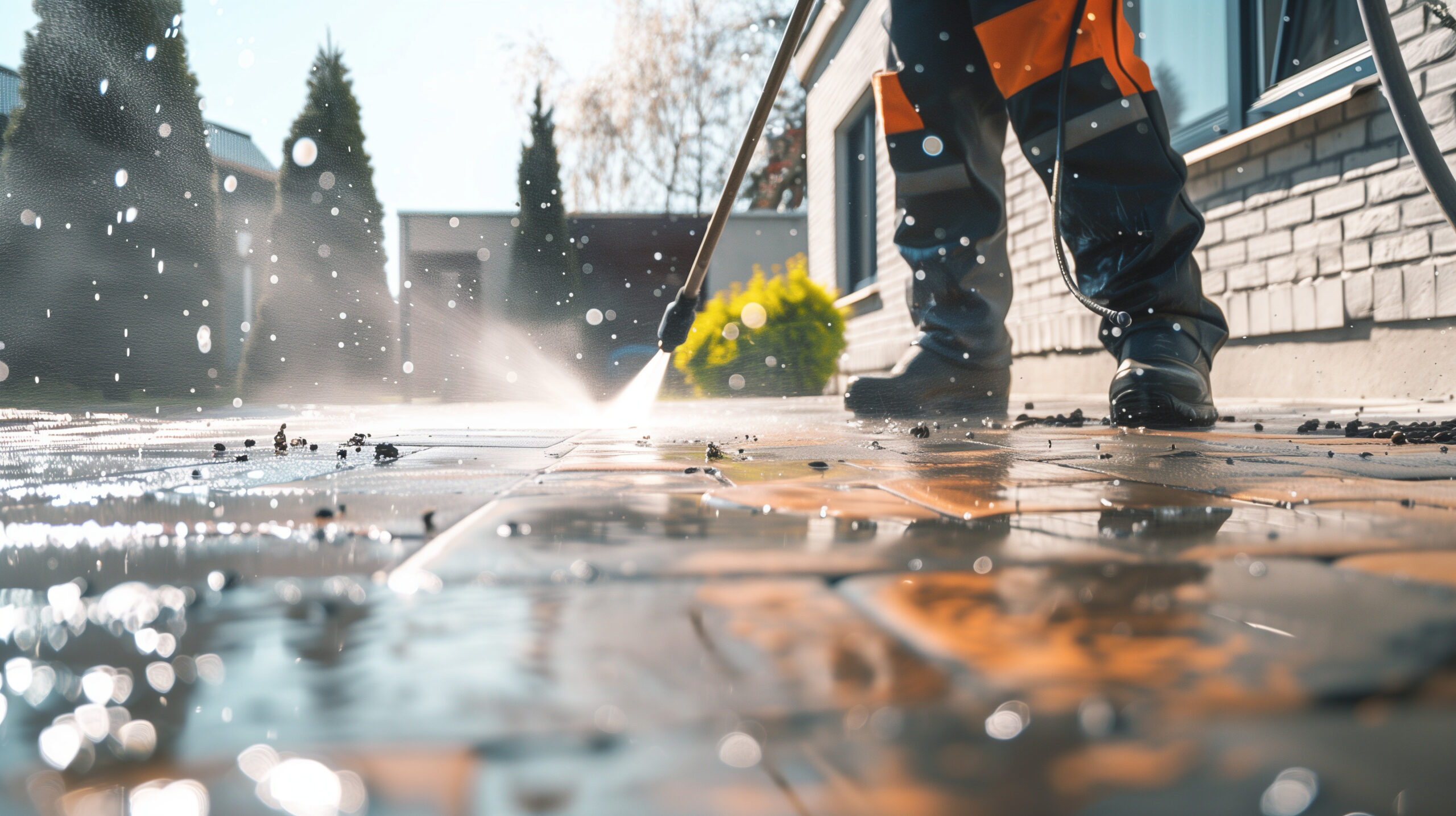 An employee at Schmidt Pressure Washing is pressure washing a brick walkway.